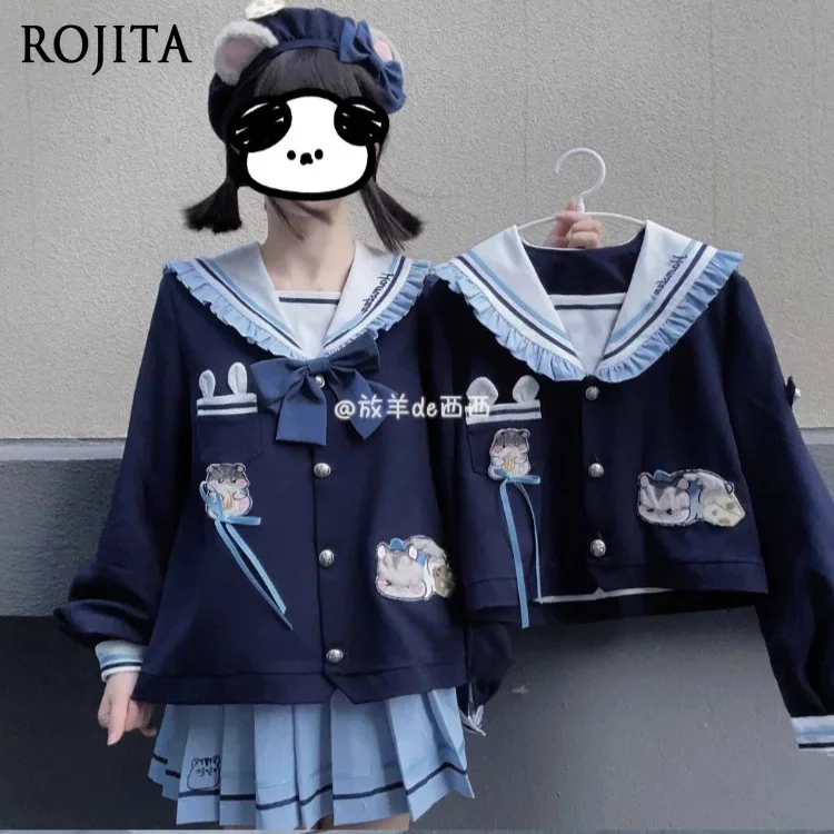 

Women's Cute Hamster Sailor Jacket Navy Blue with Embroidery Jk Kindergarten White College Soft Girl Cute Cyan Uniform
