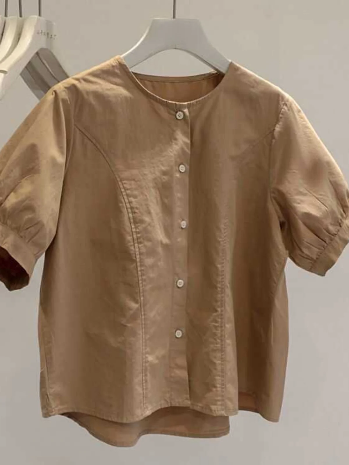 

French Sle Loose Fit Pure Cotton ort Sve irt Women's Faionable Sli Design Simple round Ne Top Summer New Arr...