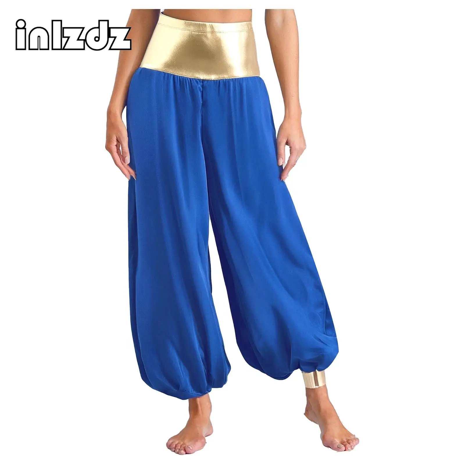 

Womens Arabian Princess Costume Long Pants Magical Hippie Harem Pants Metallic Shiny Patchwork Lantern for Halloween Cosplay