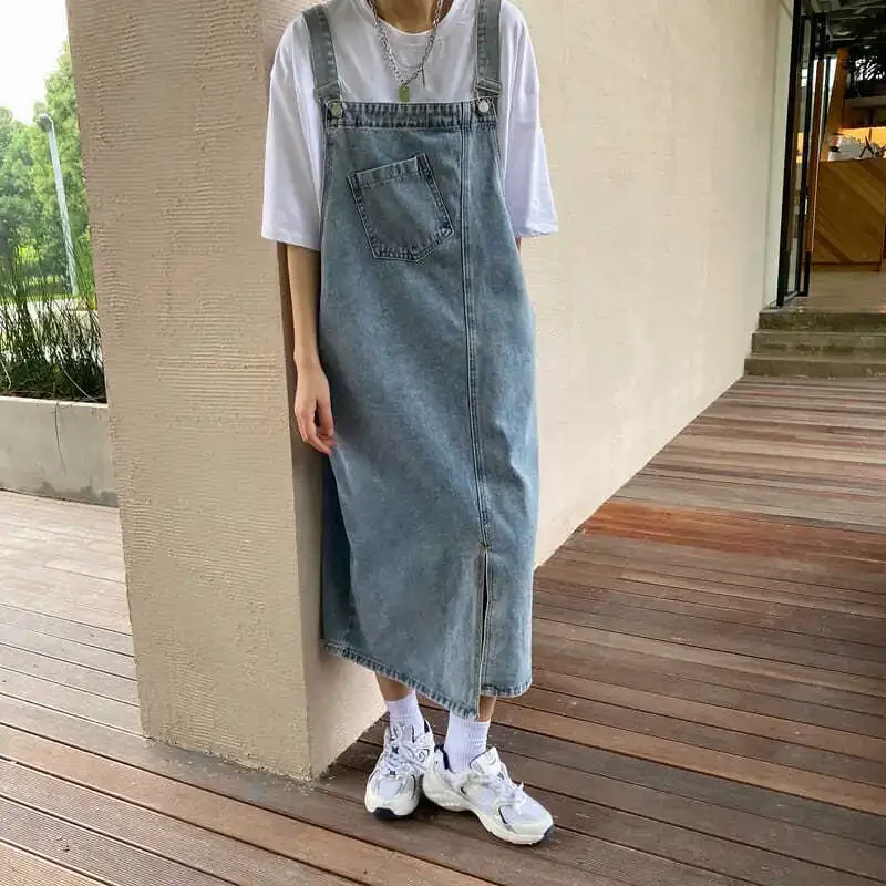 Denim Overall Dress Women Korean Style Solid Spaghetti Strap Pocket Jeans Sundress Preppy Girl Student Dress