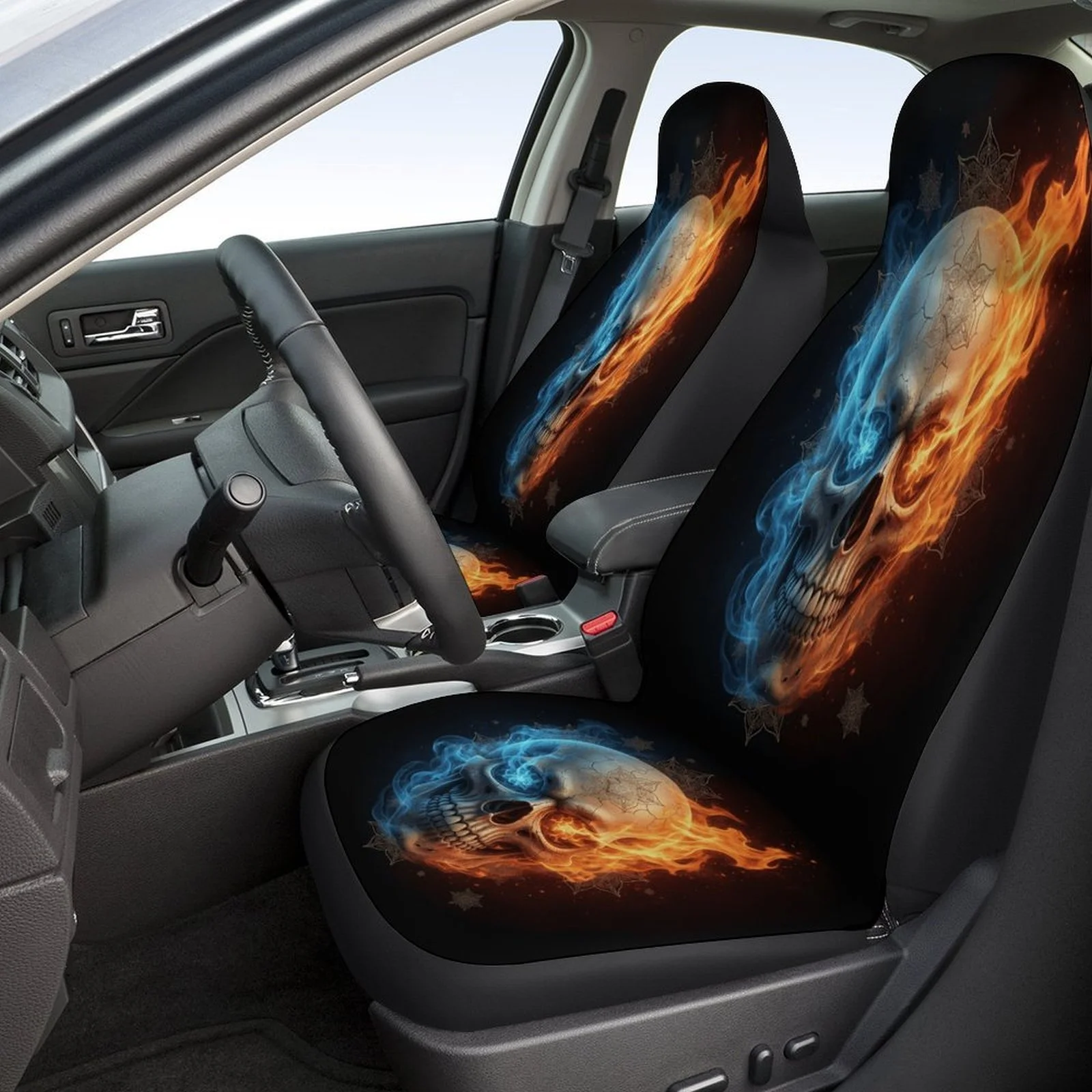 Flame And Frost Skull Designed Car Seat Covers Set For Most Cars, Trendy Breathable Decorative Car Seat Protector Covers Full Se