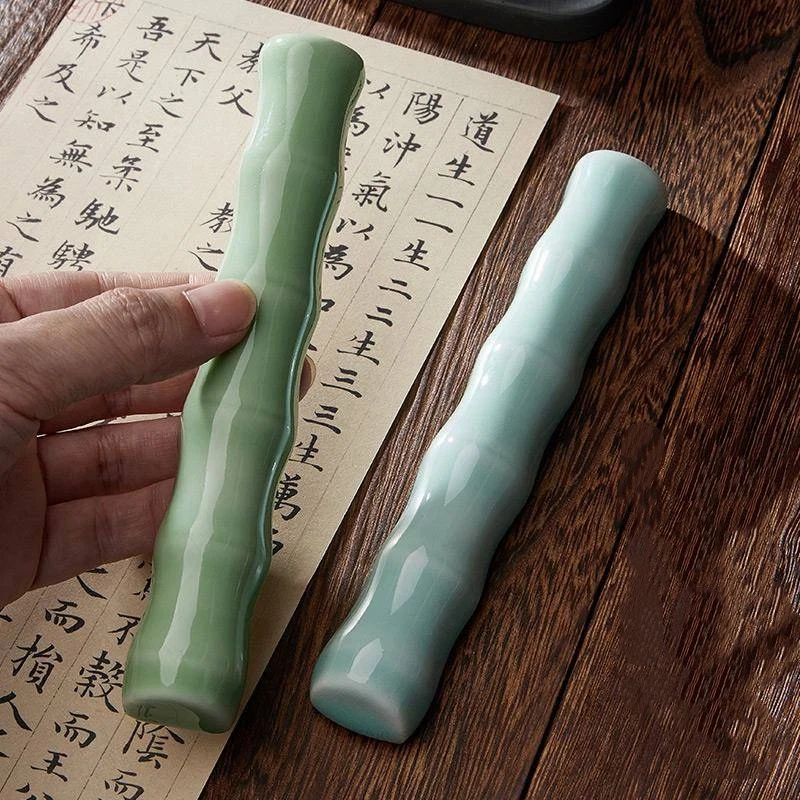 Ceramic Bamboo Joint Paperweight Set Pair with Pen Rest for Calligraphy Painting Desk Decoration Home Office Art Supply Gift