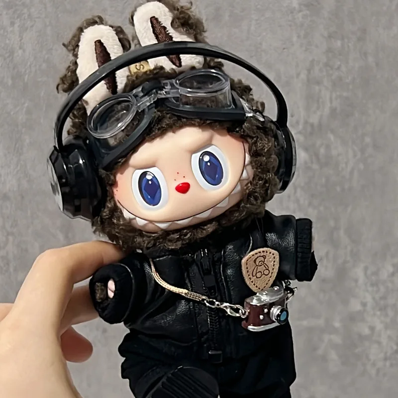 Kleidung für Labubu-Puppen 15/17 cm für LABUBU Sitting Party 1. 2. 3. Generation, schwarzes Lederjacken-Set, Bekleidungszubehör