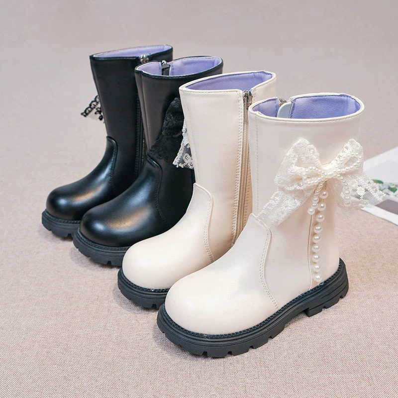 Girls Children Princess Shoes with Butterfly Knot Soft Sole High Top Studded Boots Kids Casual PU Leather Boots Pure Color Shoes