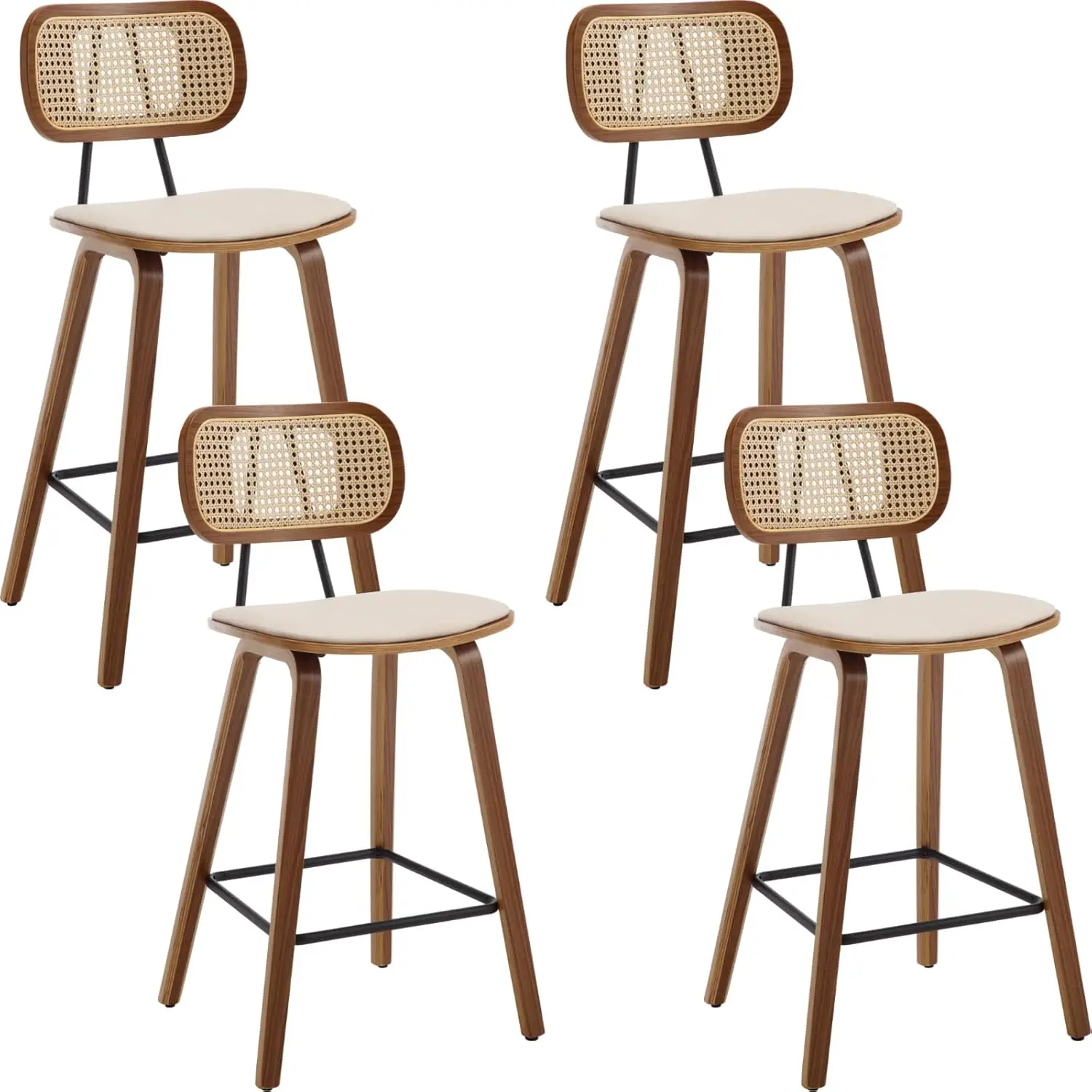 

Mid-Century Bar Stools Set of 4, 26 Inch PU Leather Barstools with Open Rattan Backrest Wooden Legs Armless Bar Chairs for