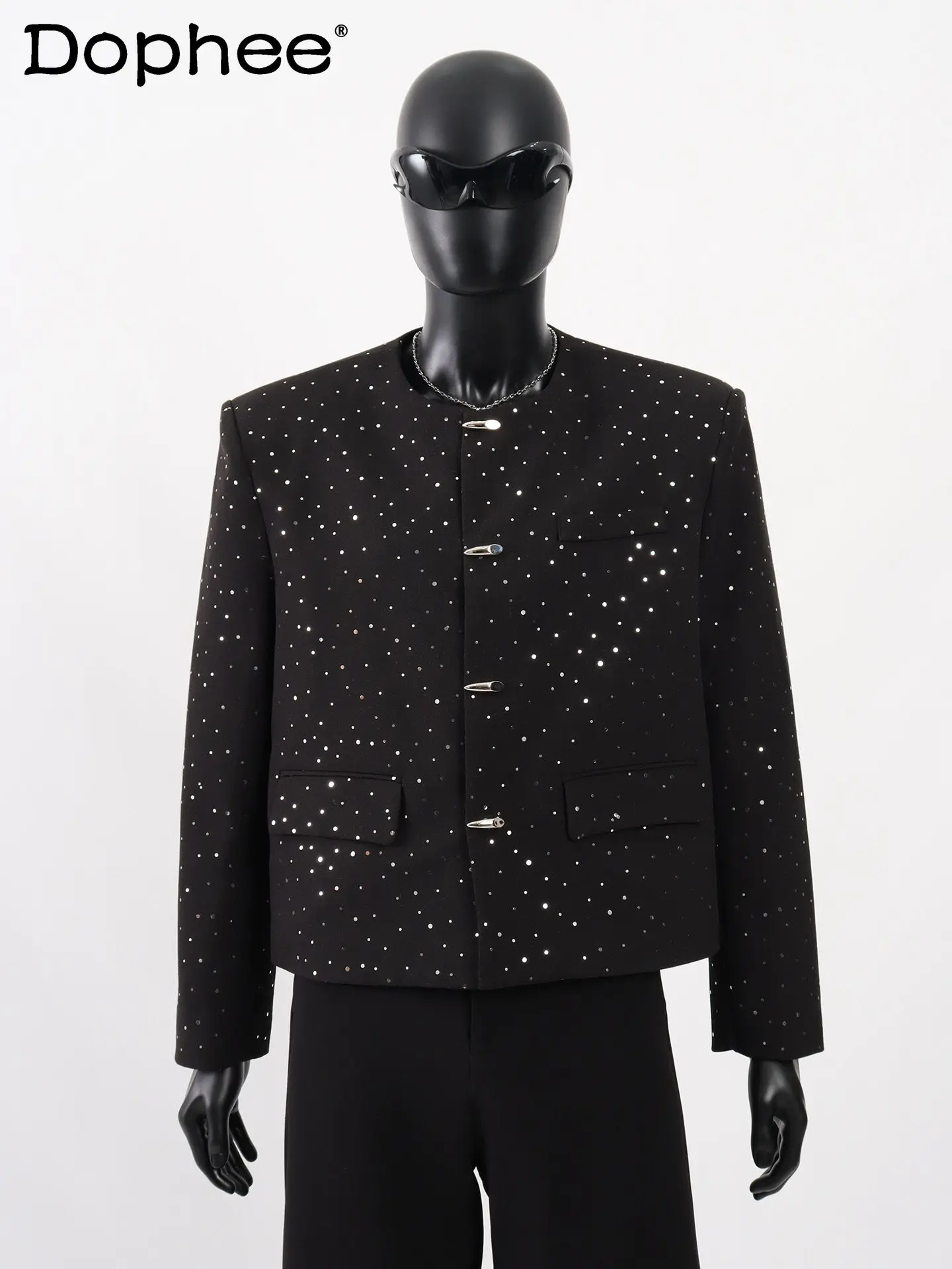 

Черная короткая мужская куртка с тяжелыми пайетками, свободная повседневная модная модная стильная куртка с круглым вырезом