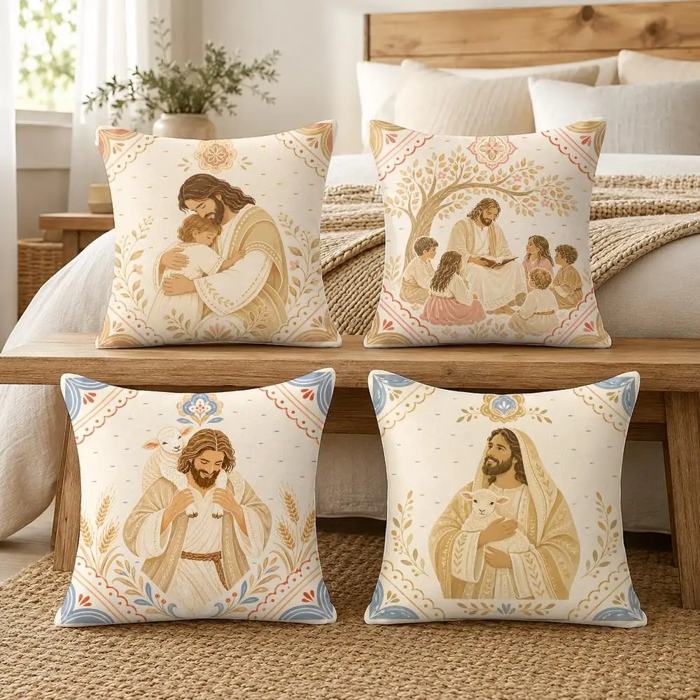 Jesus Christ Christian Scripture Art Cushion Cover Soft Short Plush Pillow Cover Smooth Cozy Texture Cushion Case Home Decor