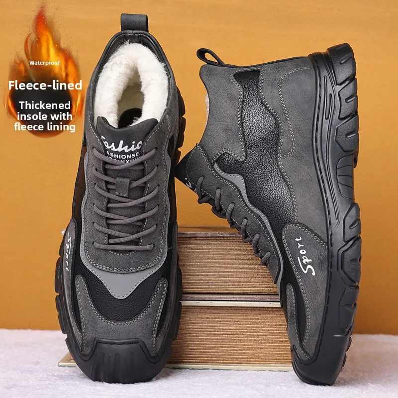 

Thickened Fleece Winter Boots Men's Outdoor Sports Shoes Anti-slip Waterproof Northeast Snow Boots Thick Bottom Casual Shoes