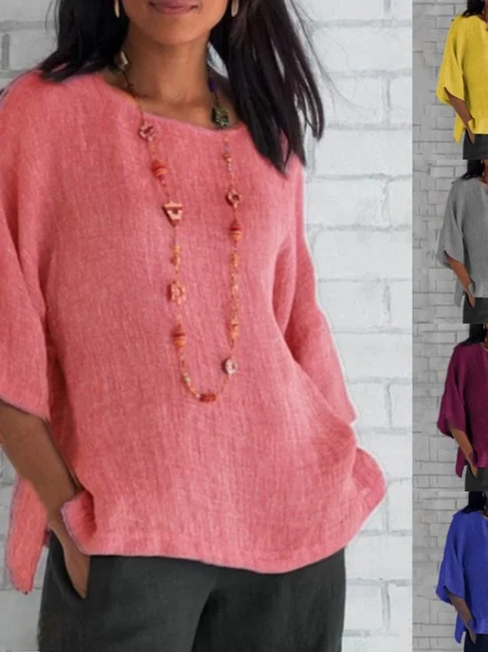 

Ladies round Ne Quarter Sve irt Modern Loose Fit Cotton Linen Blend Seven Quarter Sve Length Urban Sle Outdoor Wear