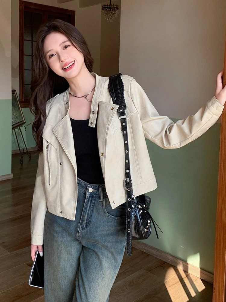 

​Off White Sweet Edgy Short Length Motorcycle Leather Jacket for Women 2025 Autumn New Petite Collared Design​