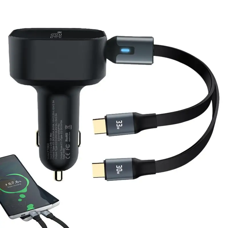 Car Charger With Retractable Cable Fast Charging Adapter 2-in-1 Safe And Stable Car Phone Charger For Traveling With Family