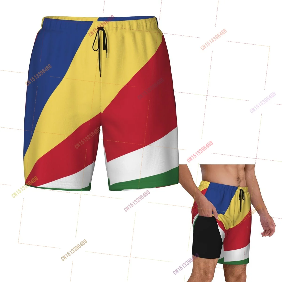2026 Seychelles Flag Top Print 3D Mens Swimming Trunks Hawaiian Bathing Beach 2 in 1 Quick-Dry Summer Swim Shorts With Pockets