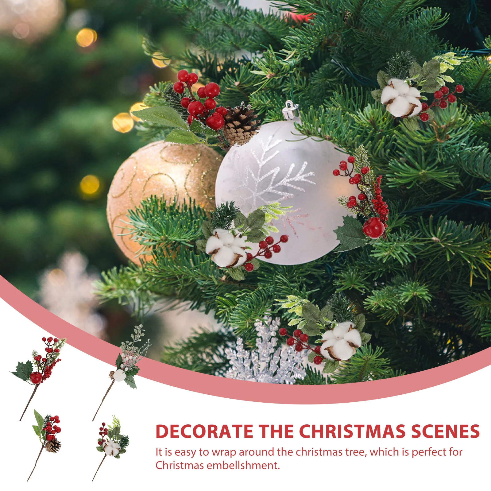 

4Pcs Artificial Berry Stems Christmas Red Berry Branches Ornament DIY Wreath Decoration Holiday Party Home Supplies