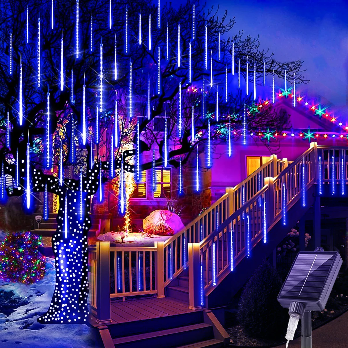 Solar Meteor Shower String Lights Outdoor Indoor Waterproof Hanging LED Decoration Lights for Tree Party Garden Holiday Lighting