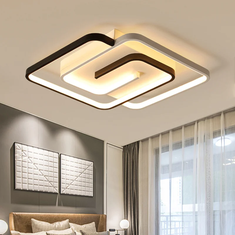 

Bedroom Led Chandelier Light Black White Square Modern Ceiling Lamp Attic Living Room Dining Kitchen Interior Fixture Lighting