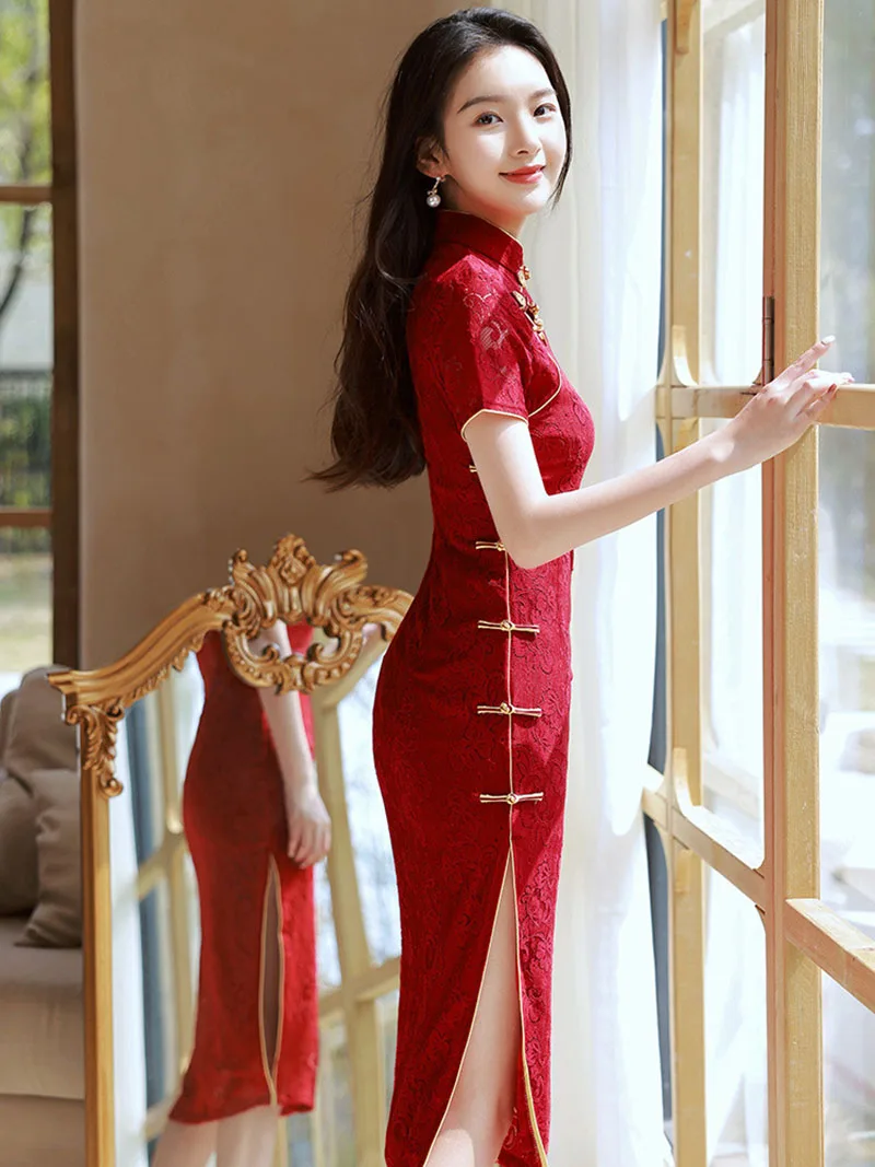 Cheongsam de manga corta para mujer, vestido de encaje Vintage mejorado, ajuste Delgado, elegante, rojo vino, boda, S a XXL