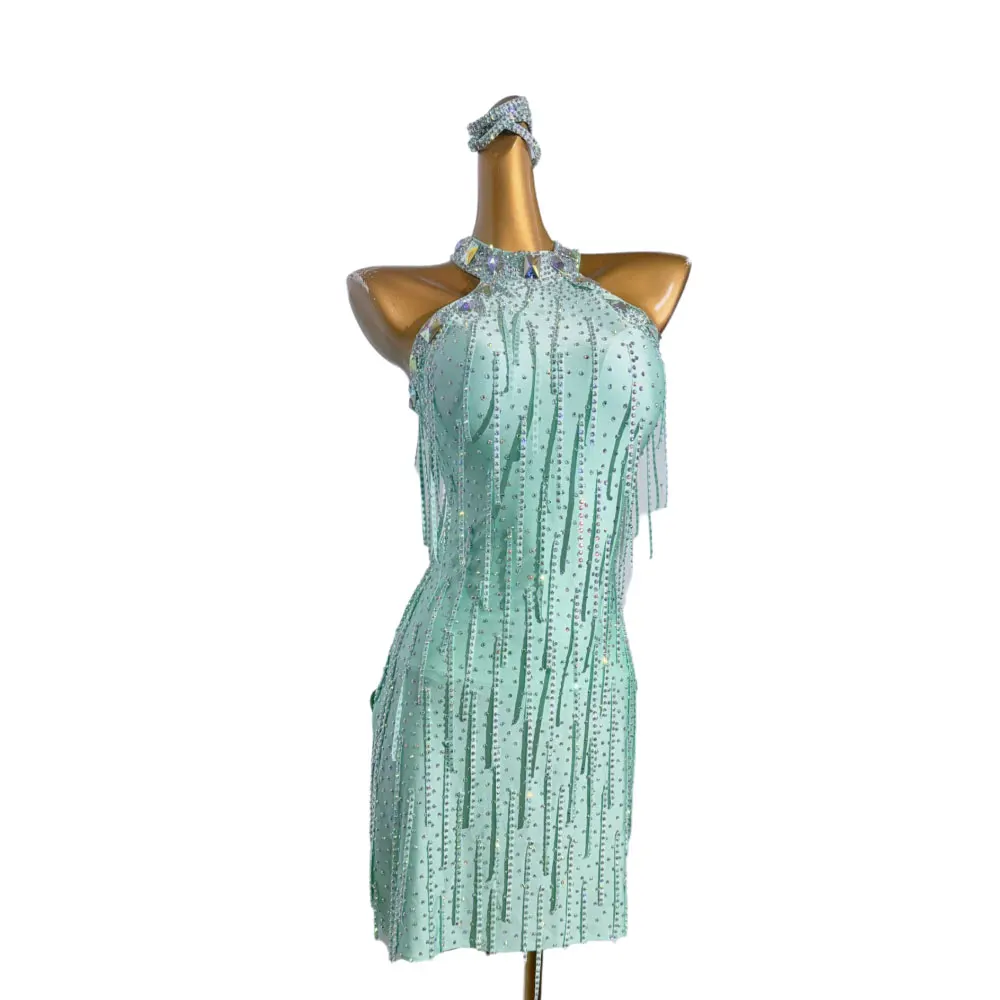 Vestido profesional de baile latino, malla personalizada de alta gama, rayas de diamantes, tango, trajes de escenario para mujeres adultas y niños