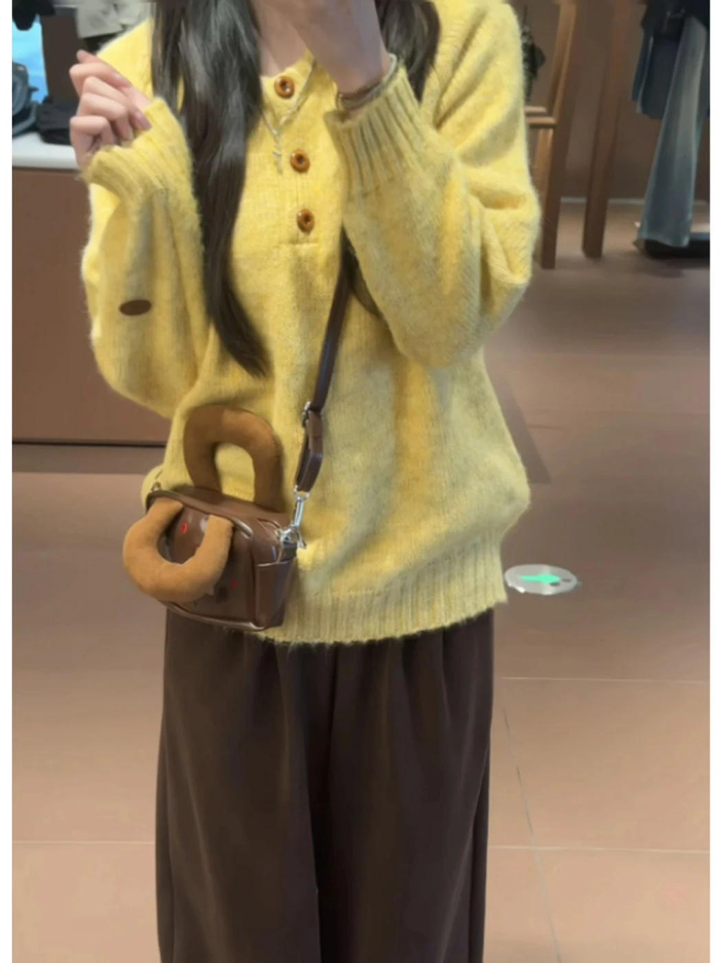 

Yellow f Open Collar Pullover Sweater Women's Beautiful Lazy Knitted Top Unique Early Autumn Upper Body Loose Fit Long Sve