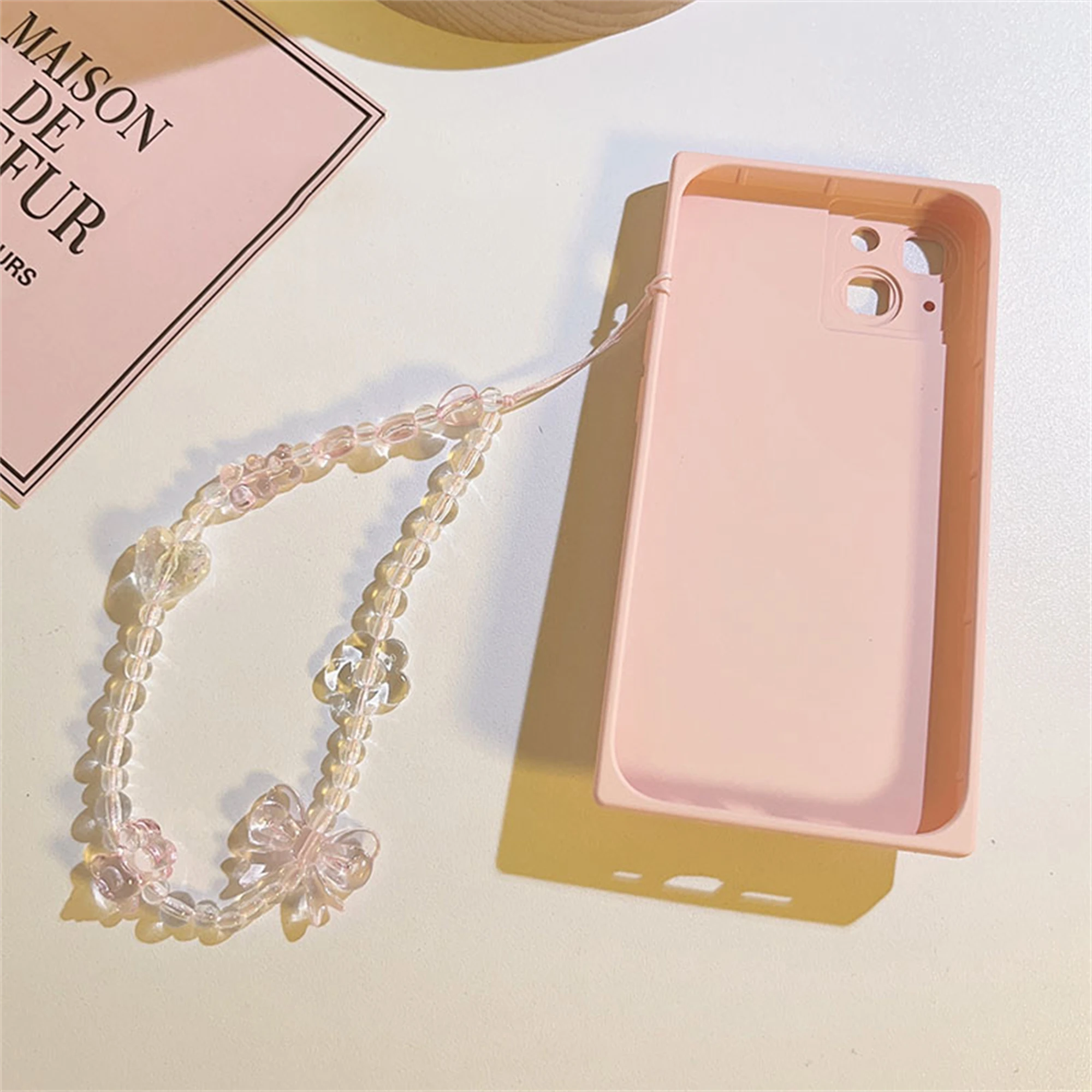 Korean Pink Bear Butterfly Flower Phone Chain Trendy Pendant For iPhone Samsung Universal Accessories Cute Phone Hanging Rope