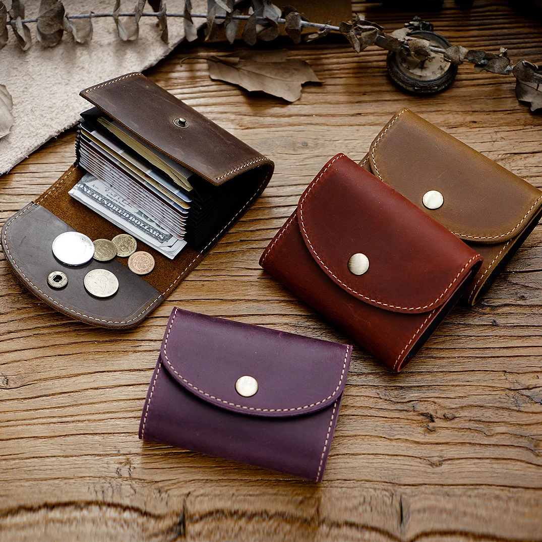 Vintage Head Layer Crazy Horse Leather Buckle Wallet Men's Leather Large Capacity 12 Card Organ Card Bag Leisure Storage Bag 45