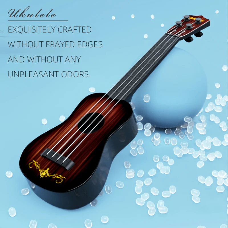 Music-orientated children's guitar toy that can be played with a pick to imitate basic musical instruments, resembling a ukulele