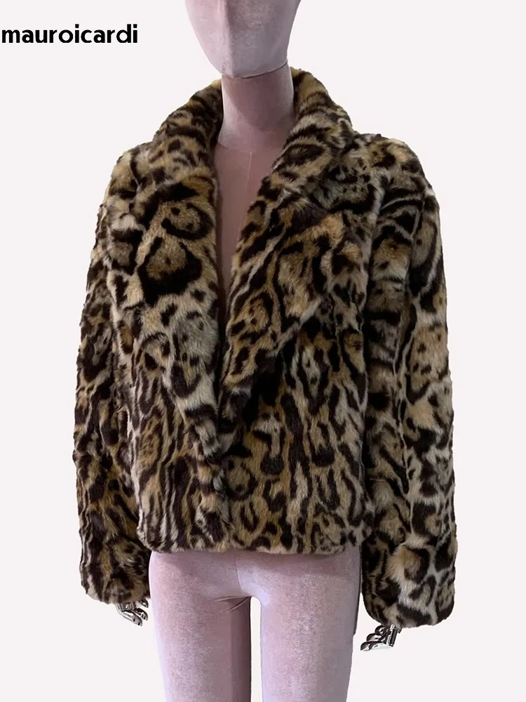 Mauroicardi Spring Winter Short Thick Warm Colorful Leopard Print Faux Fur Coat Women Loose Luxury Fluffy Jacket Furry Cardigan