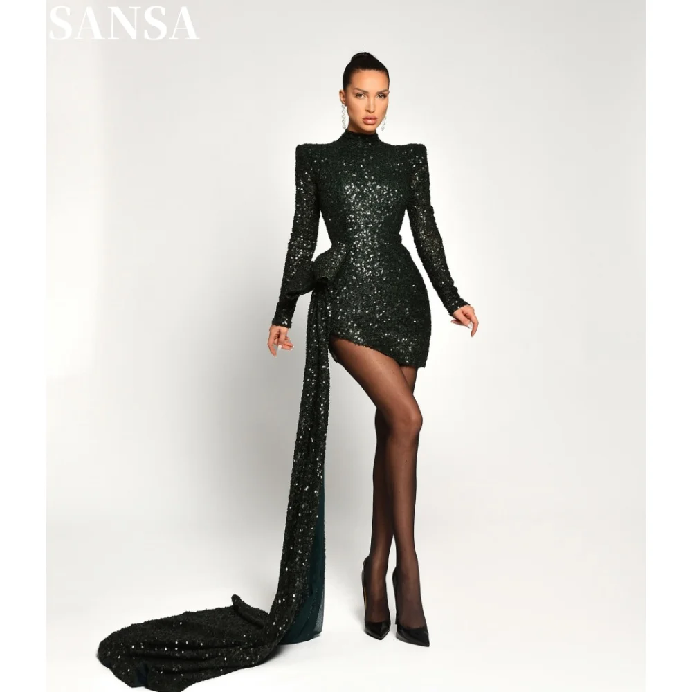 Sansa Shiny A-line Sequin Evening Dress Customized Knee-Length Bow Trail Wedding Dress High Neck Long Sleeve Vestidos De Fiesta