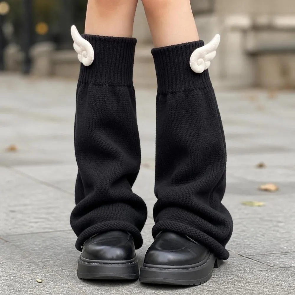 Knit Fabric Wing Decor Leg Warmers Wide Calf Fit Calf Sleeves Design Flare Leg Warmers Flared Shape Soft Knit Texture