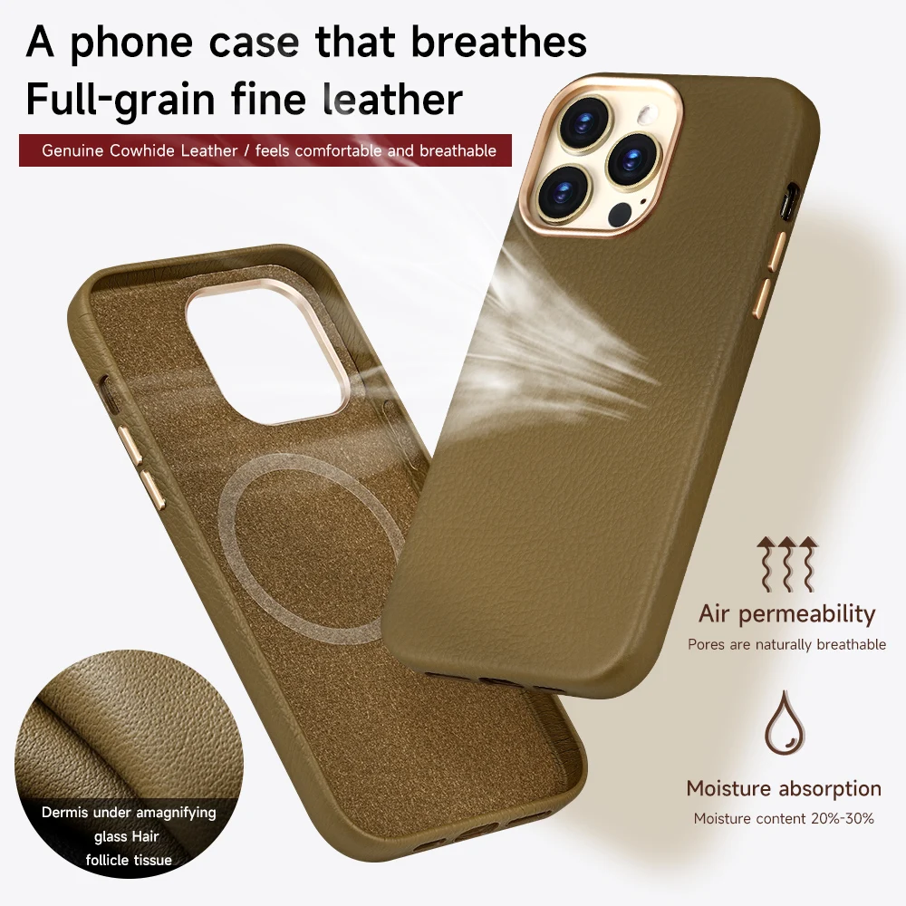 Funda de teléfono de cuero genuino para Magsafe, carcasa trasera magnética para iPhone 14, 13 Pro Max, 14 Plus, grano de Litchi, carga inalámbrica