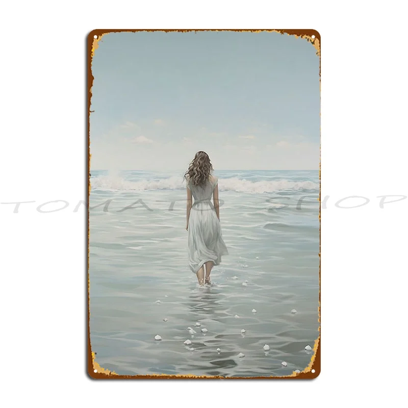 Woman On The Beach Sunset  Rising Out Of The Golden Sea Metal Signs Wall Cave Wall Decor Mural Party Customize  Tin Sign Poster