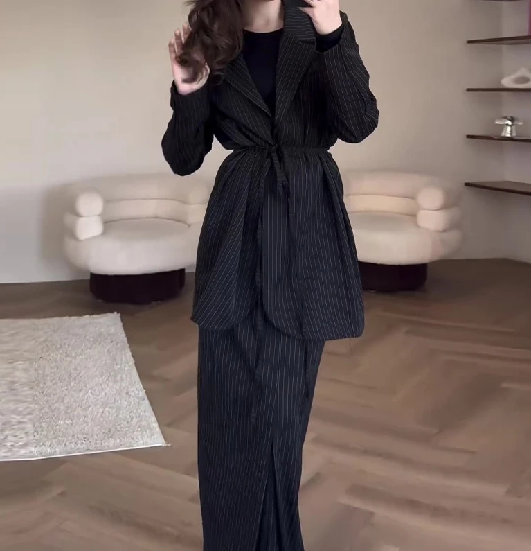 Womens Suit Set Elegant Formal Commuting Notched Collar Tie Details Long Sleeve Blazer Coat and High Waist Ruched Maxi Skirt Set