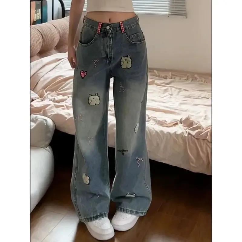 

NICE Retro American Cartoon Heart Embroidery Wide Leg Straight Cut Casual Jeans Women's Spring New Design Loose Fit High Waist