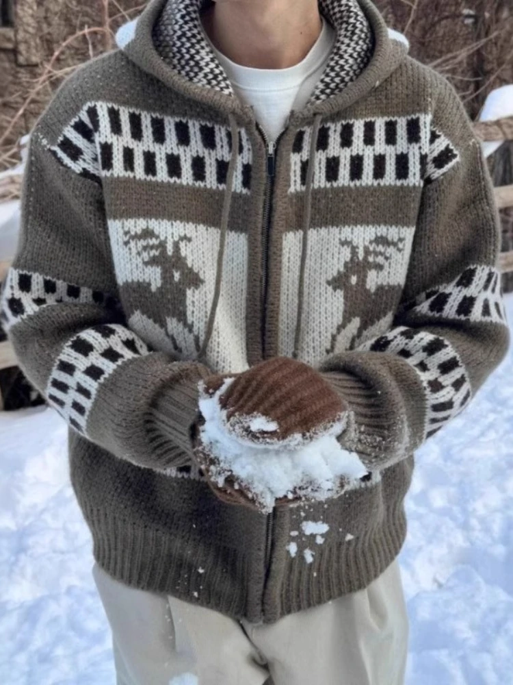 

Винтажный рождественский кардиган Fair Isle, мужской жаккардовый свитер на молнии с оленями, зимняя толстая вязаная куртка большого размера с напуском