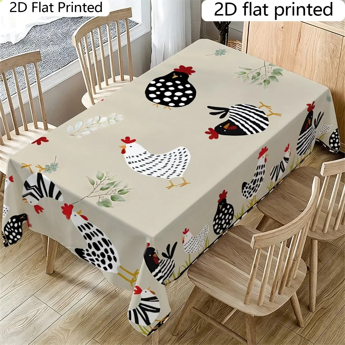 Tablecloth1PC - 2D flat - Black and white striped and polka dot pattern with little chickens printed all over the tablecloth.xzj