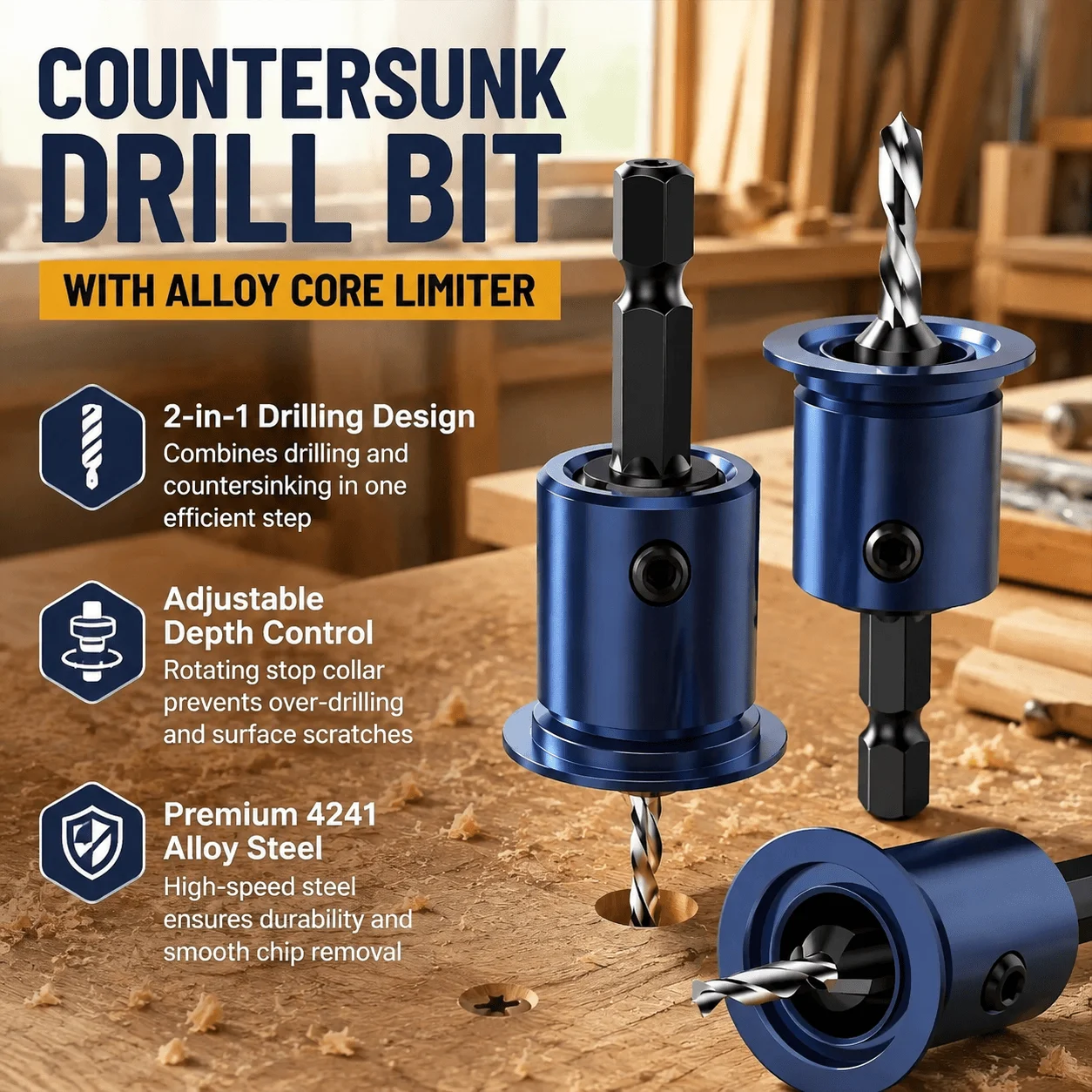Countersink Drill Bit 2 In 1 Woodworking Tool 4241 High Speed Steel Hex Shank Adjustable Depth Control Pilot Hole For Furniture
