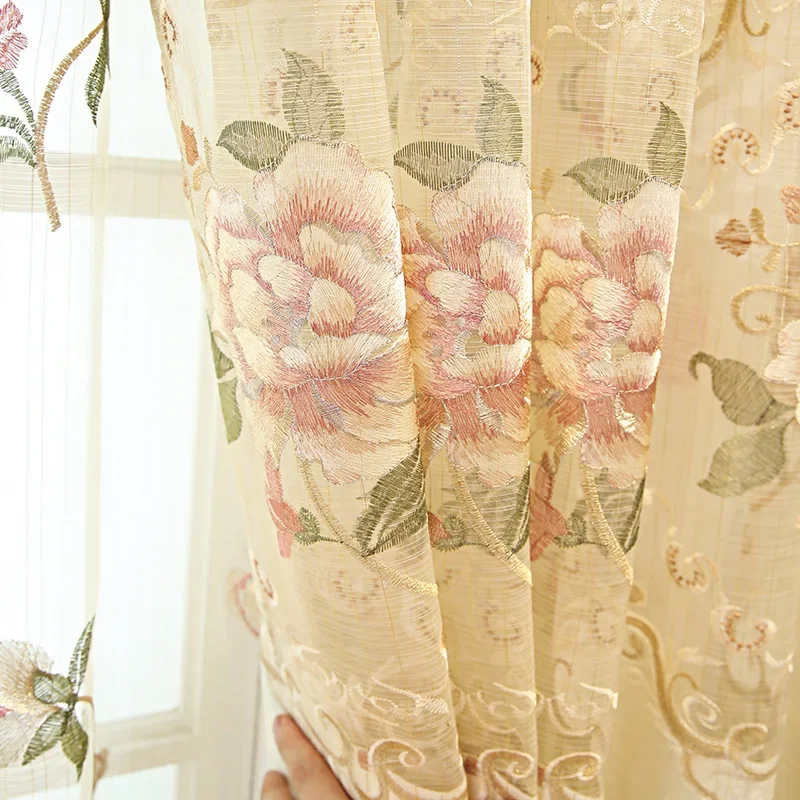 European Style Curtains for Living Dining Room Bedroom Luxury Custom Hollow Out Flowers Embroidery Beige Window Curtain Decor
