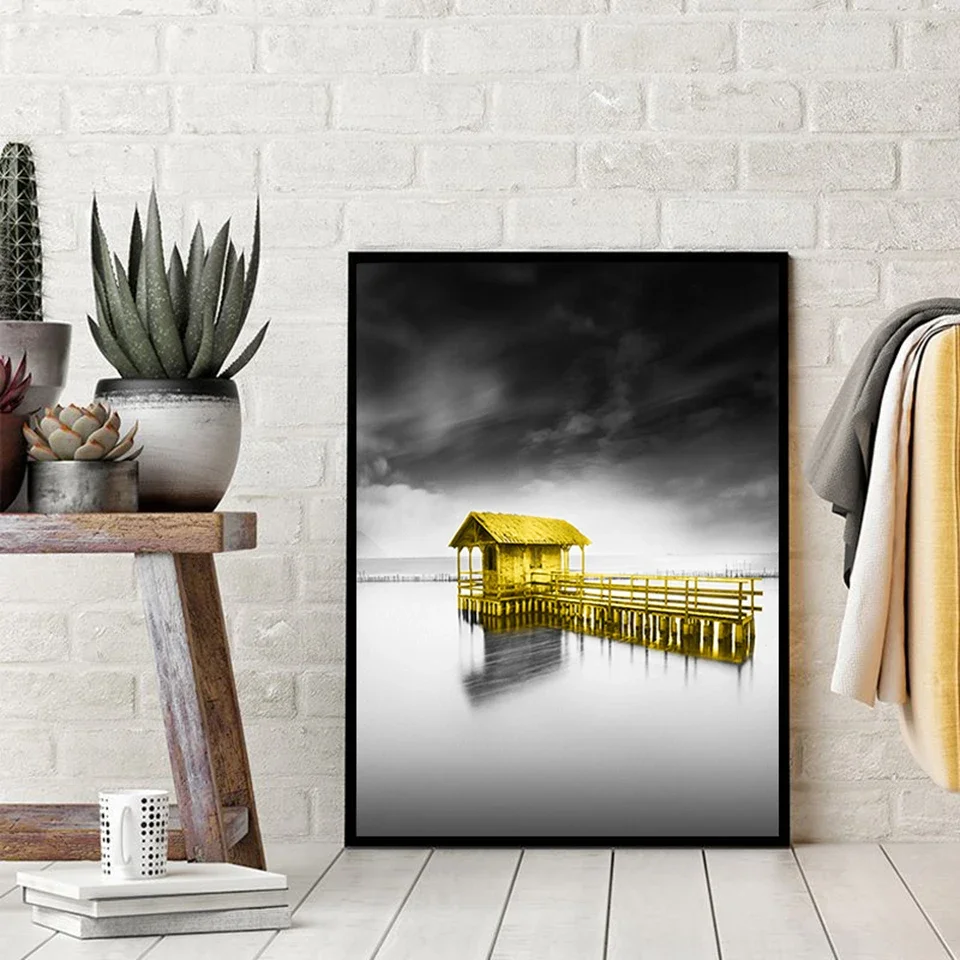 

Golden Retro Natural Scenery Poster Painting Nordic Lake Bridge Forest Car Wall Art Modern Home Decoration Picture Gift