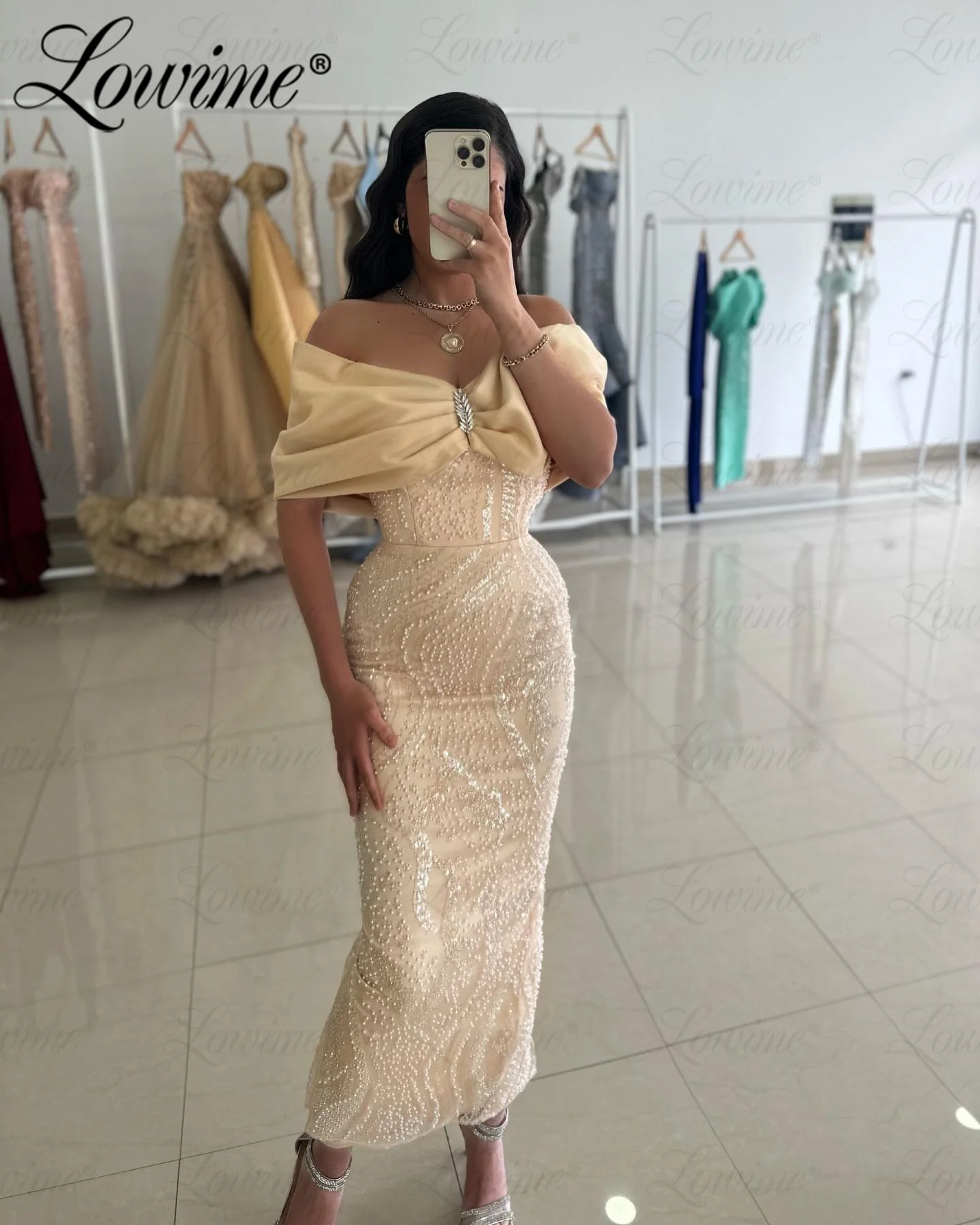 Champagne Off The Shoulder Party Dress For Women Arabic Ankle Length Formal Evening Gowns Birthday Beads Sequined Prom Dresses