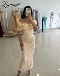 Champagne Off The Shoulder Party Dress For Women Arabic Ankle Length Formal Evening Gowns Birthday Beads Sequined Prom Dresses