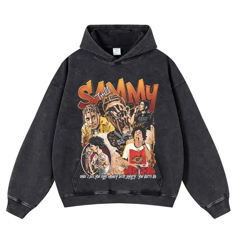 Vintage Sweatshirt Hoodie Hip Hop Streetwear Stretwear Washed Harajuku Pattern Print Portrait Cotton Hooded Oversized Pullover