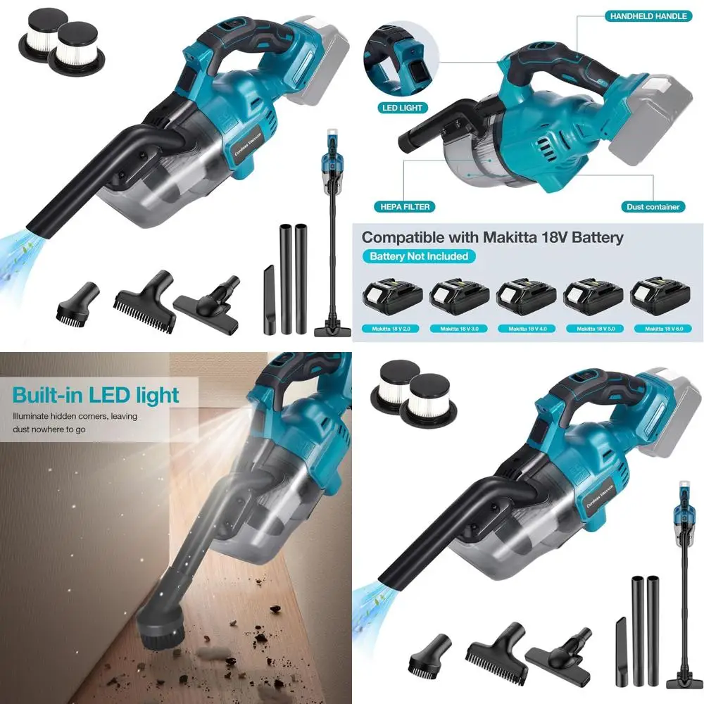 Portable 18V Cordless Vacuum Cleaner with 4 Nozzles, 2 HEPA Filters, Lightweight for Home and Car Use (Battery Not Included)