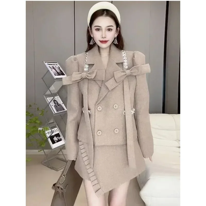 

Miiiix Winter New Design Double Breasted Woolen Suit Jacket Irregular Half Length Skirt Pants Two-piece Set Female Clothing