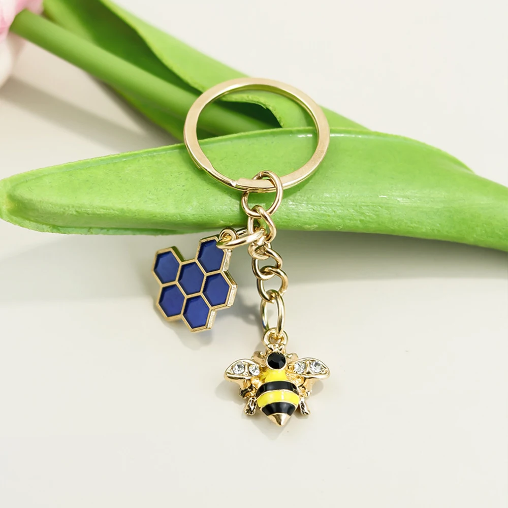 Rhinestone Bee Honeycomb Shape Keychain Insect Series Metal Pendant Key Ring Girls Boys Bag Ornament Accessories