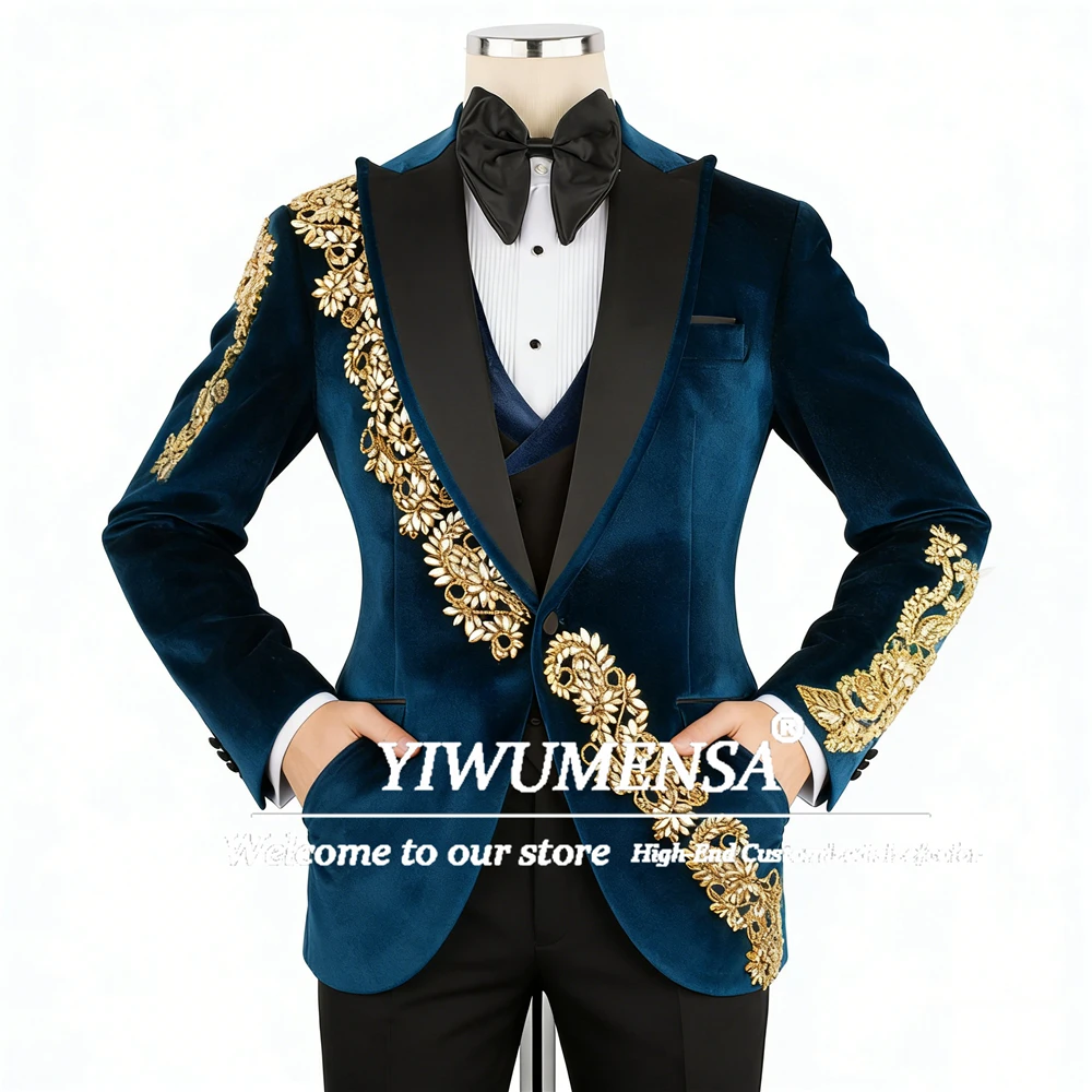 

Exclusive Design Beaded Stones Suits Men Slim Fit Single Breasted Prom Blazers Customized 3 Piece Set Groom Wedding Tuxedos 2026