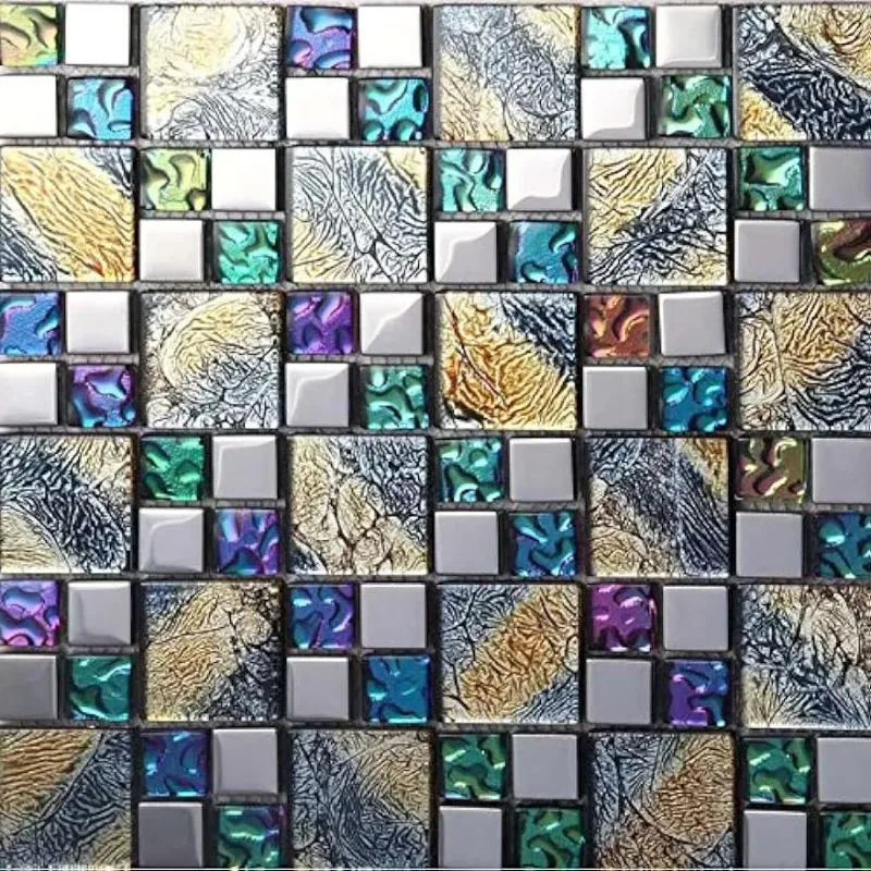 11-Sheets Multicolor Tile Backsplash, Coated Glass Mosaic Bathroom Tile, Clear Crystal for Kitchen and Shower Walls