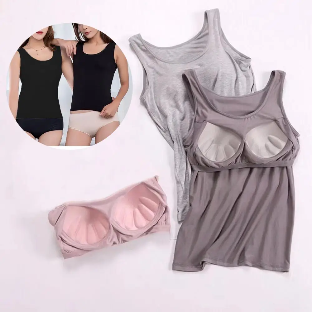 Womens Sleeveless Bottoming Vest Wide Shoulder Straps Wire Free Women Solid Color Elastic Camisole with Bra Pads Streetwear