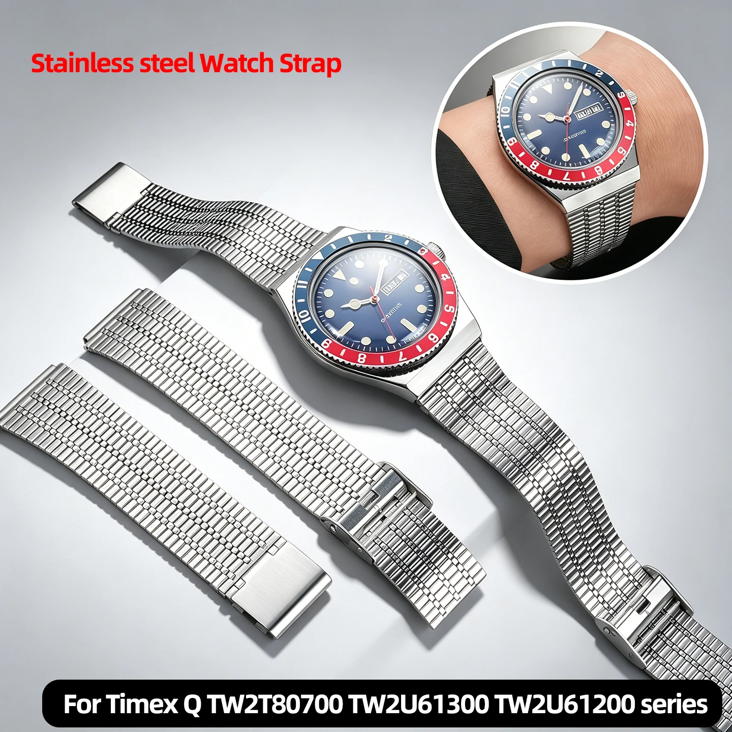 18mm Stainless Steel Watch Strap For Timex Q TW2T80700 TW2U61300 TW2U61200 series Replacement Retro Metal Band With tools
