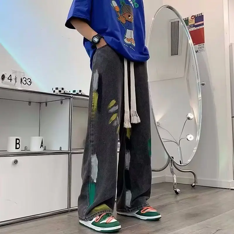 

Fall New Sle Hong Kong Sle Large Size Paint Print Denim Pants American Casual Wide Leg Pants Design Sensation Trend