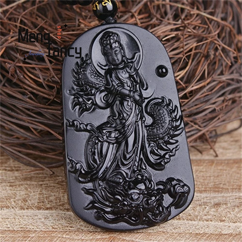 Natural Black Obsidian Guan Yin Dragon Pendant Retro Charms Fashion Fine Jewelry Men Women Necklace Amulets Luxury Holiday Gifts