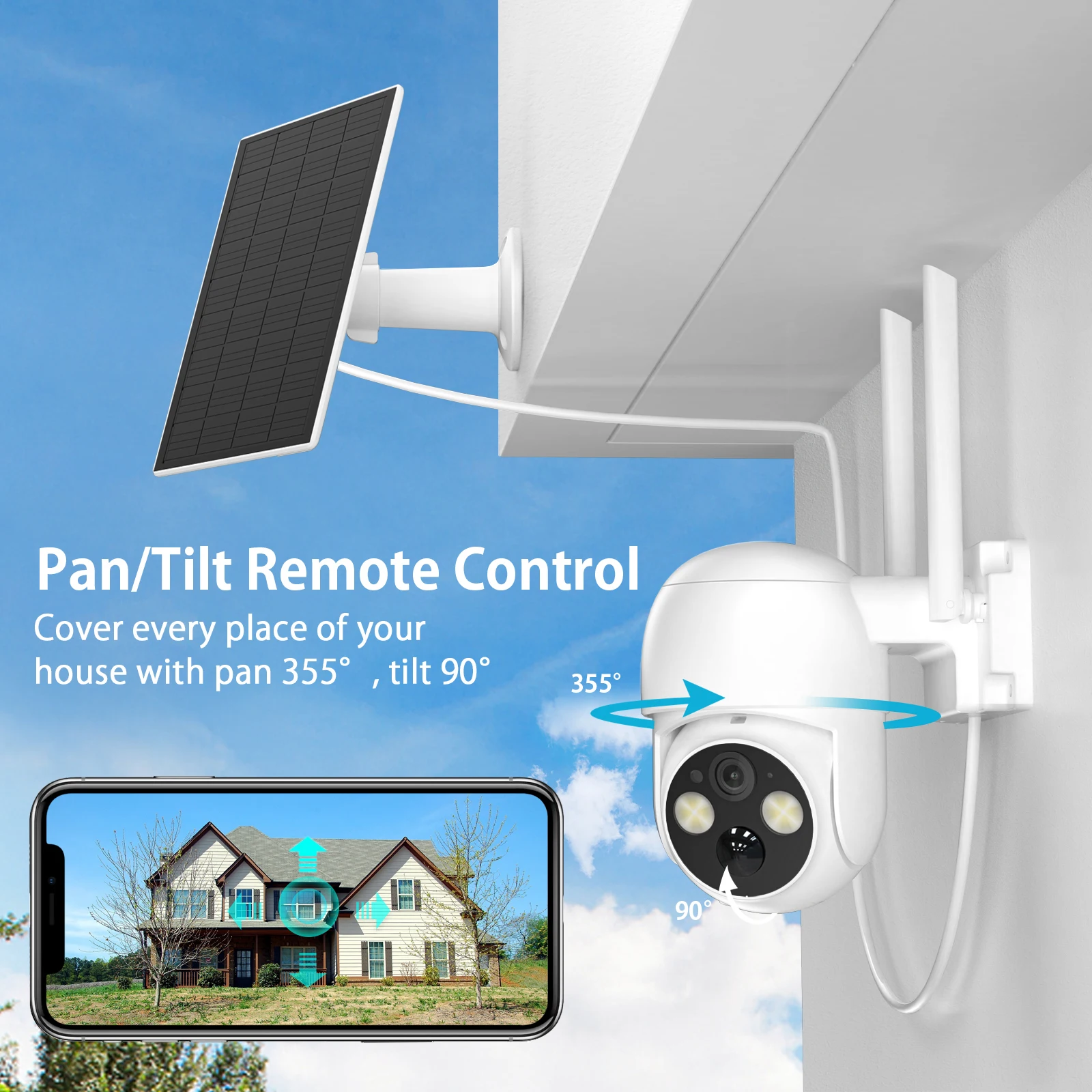5MP Wireless Solar Powered Camera 360° Pan/Tilt WiFi Home Security Camera Dome Battery Camera Outdoor Night Vision